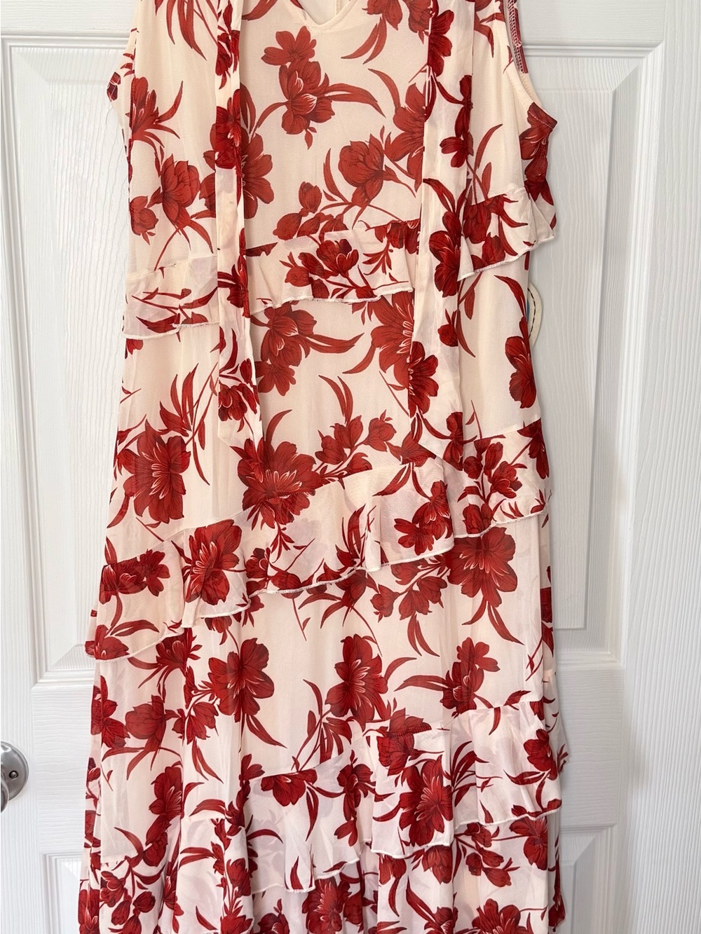 Cream Maxi Dress with Red Floral Print